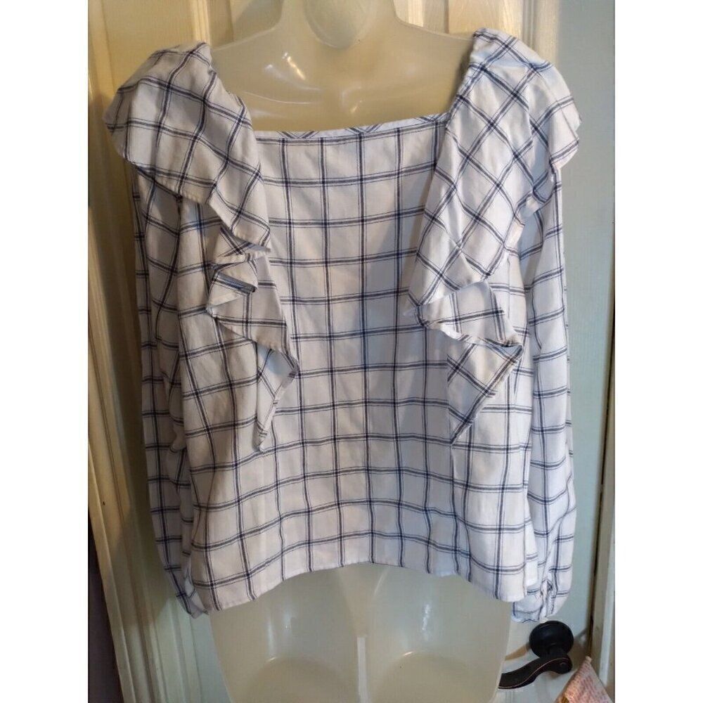 J. Crew Top White Blue Checks Square Ruffled Sz XXL Bust 48 L 23 - Picture 6 of 12